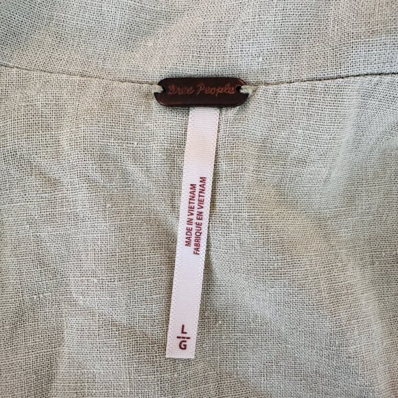 Free People Linen Blend Utility Button Down Blouse with Ties on Puff Sleeve Sz L - Picture 9 of 11